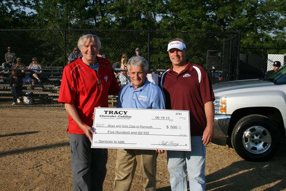 Tracy Chevrolet donates $500 to Boys & Girls Club as part of “Win a Free Car Night” at Plymouth Pilgrims Baseball
