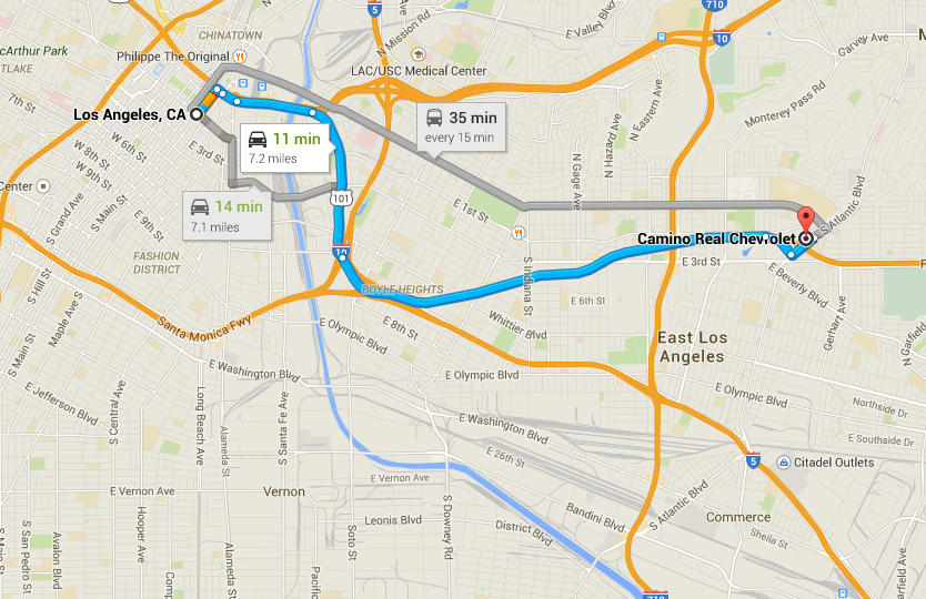 Map from Los Angeles to Camino Real Chevrolet in Monterey Park.