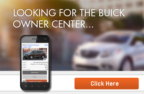 Looking for the Buick Owner Center...Buick Vehicle in the background with a photo of a cell phone searching the Eagle Buick GMC website. Click Here Button.
