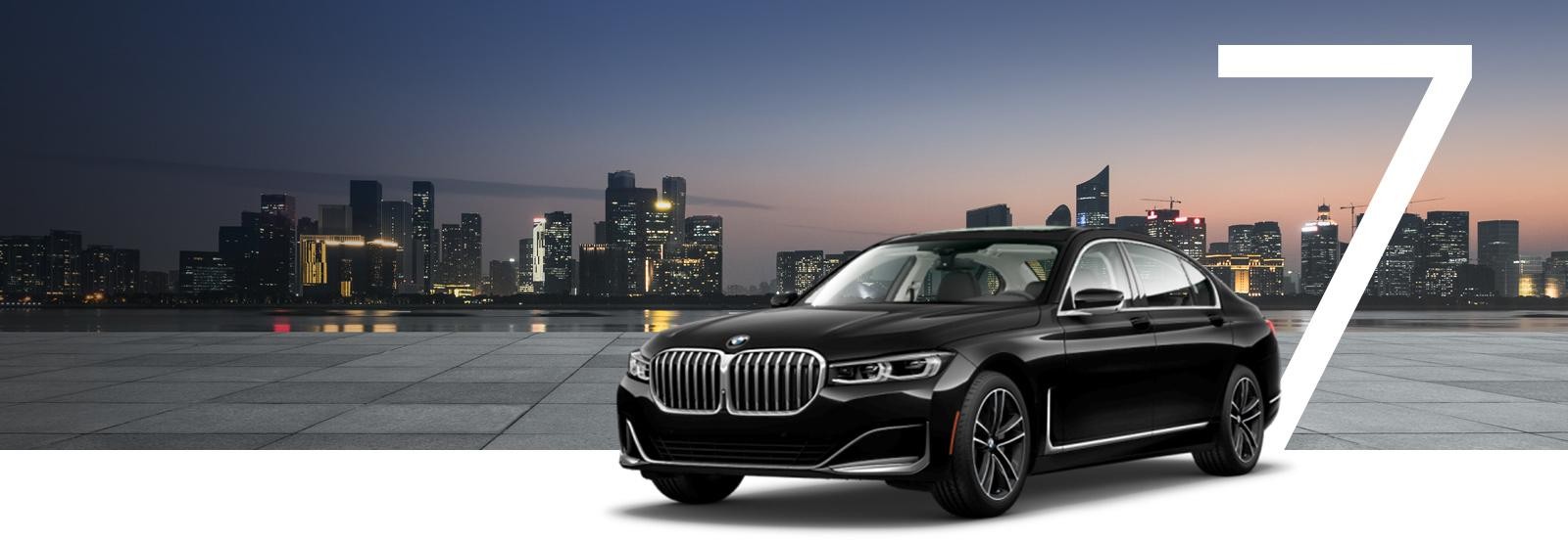 A black BMW 7 Series parked at a scenic city overlook.