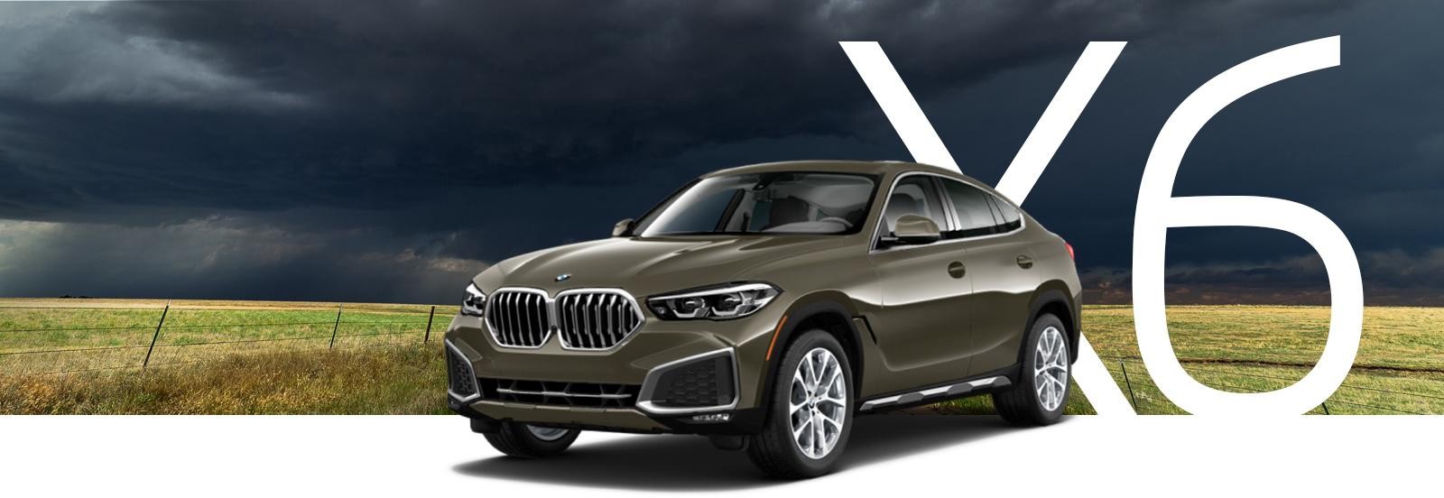 An olive green BMW X6 on a farm road with thunderheads in the sky.