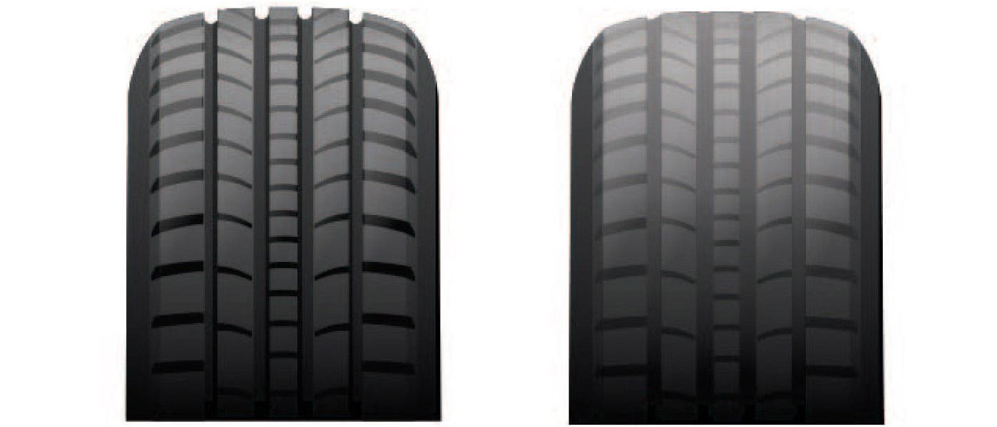 closeup of 2 tires one with wear