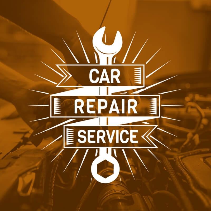 Car repair service logo over a background with a mechanic working on an engine