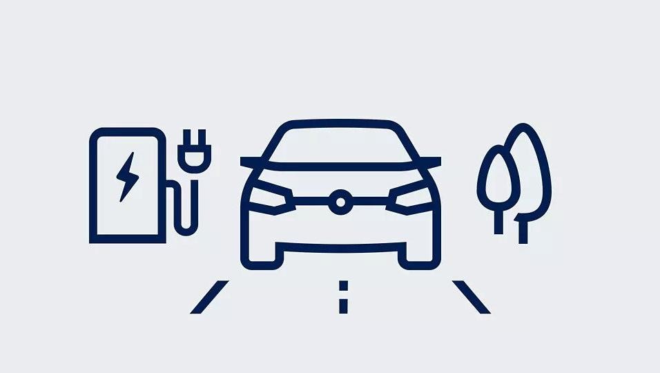 An image that shows an icon of a car under a roof next to an icon of an at home charging station.