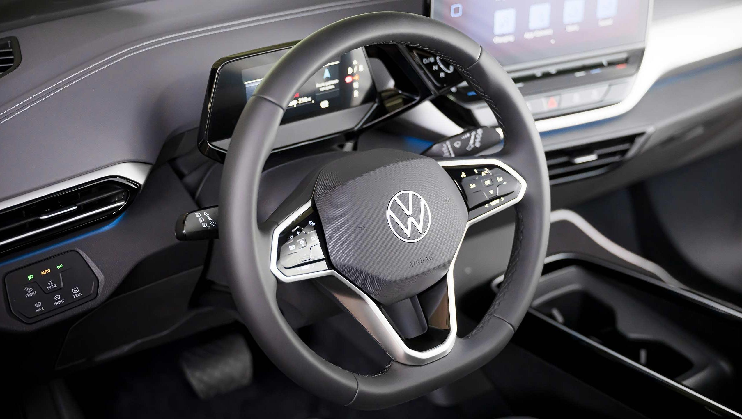 An interior shot of an ID.4 with focus on the steering wheel.