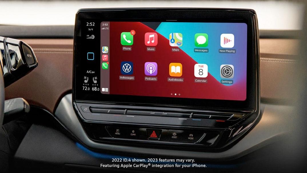 ID.4 center console display with mobile device apps on screen.
