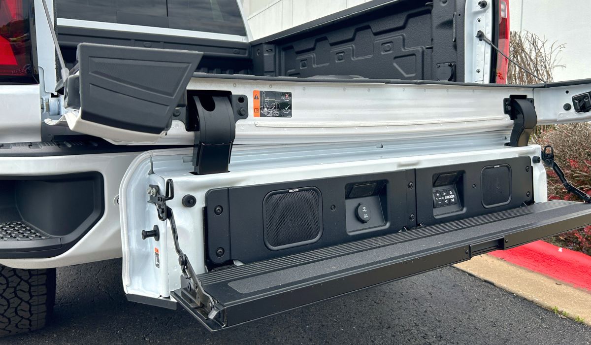 The GMC MultiPro Tailgate featuring the KICKER audio system on a GMC Sierra 2500 at McLarty Daniel Buick GMC in Bentonville, AR