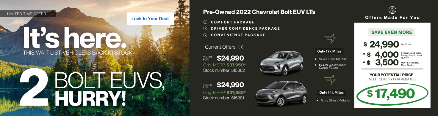 Pre-Owned 2022 Chevrolet Bolt UV LTs Finally Back In-Stock At Your Local Chevrolet Dealer, Burke Chevrolet in Northampton, Massachusetts. But, HURRY! We ONLY have (2) in-stock and they're LOW mileage! Looking for an affordable, used electric vehicle near you? Shop at Burke Chevrolet in Northampton, Massachusetts for your electric vehicle!