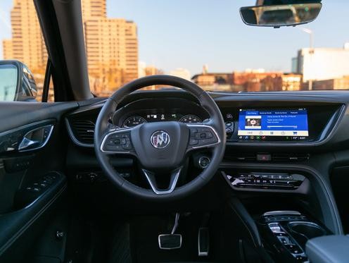 A steering wheel of the Buick Envision SUV