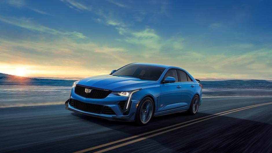 Cadillac 2024 CT4-V Blackwing in Coastal Blue 3/4 driver side front view of vehicle in motion