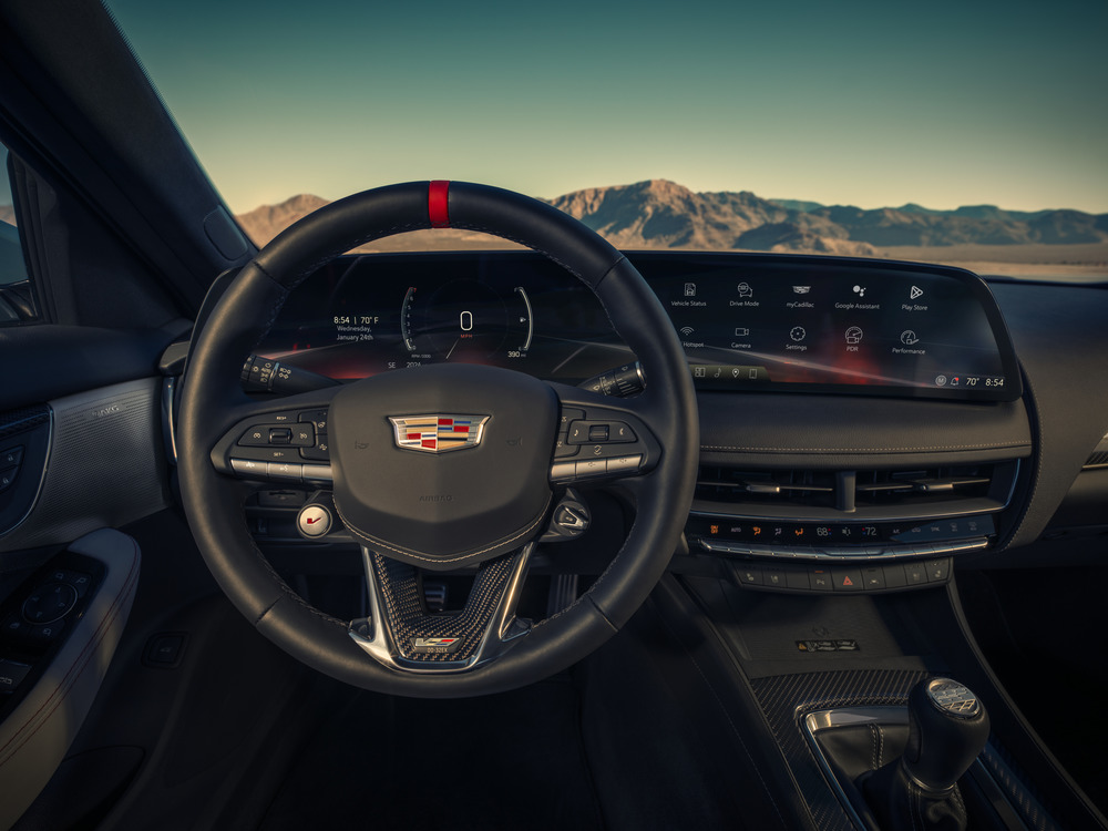 Cadillac 2025 CT5-V; interior in Jet Black Leather with LGY 3.0 Twin Turbo V6 Engine; interior; front console
