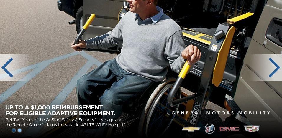 Man using a wheelchair lift to exit his vehicle | Up to a $1,000 reimbursement for eligible adaptive equipment. Get two years of the Onstar Safety & Security coverage and the Remove Access plan with available 4G LTE Wi-Fi Hotspot. General Motors Mobility Logo