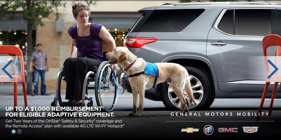 Woman in a wheelchair with her service dog by her vehicle | Up to $1,000 reimbursement for eligible adaptive equipment. Get two years of the OnStar Safety & Security coverage and the Remote Access plan with available 4G LTE Wi-Fi Hotspot. General Motors Mobility Logo