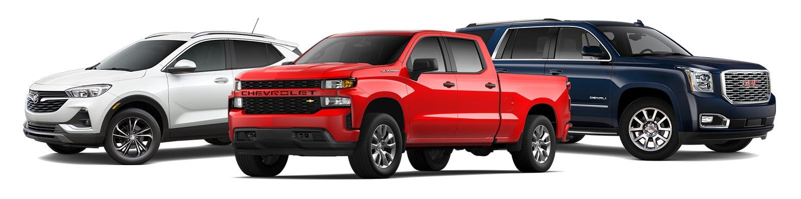 White Encore GX, Red Silverado, Blue Yukon Denali