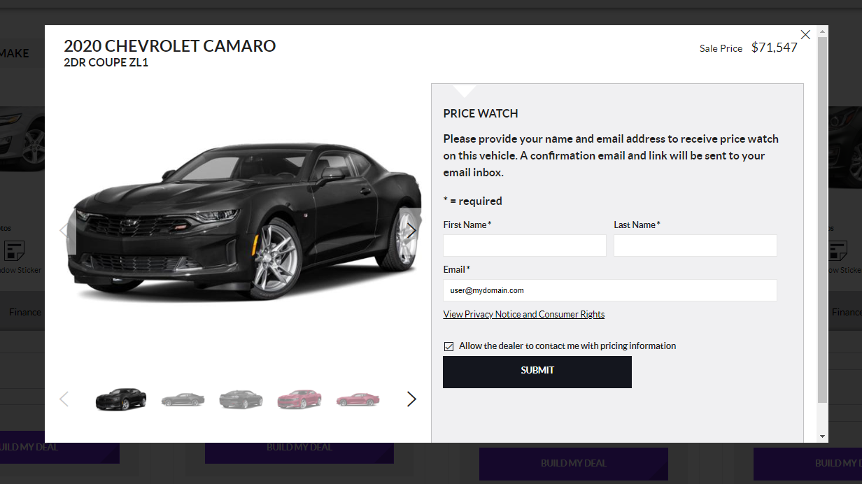 Quick View pop up on vehicle search results page