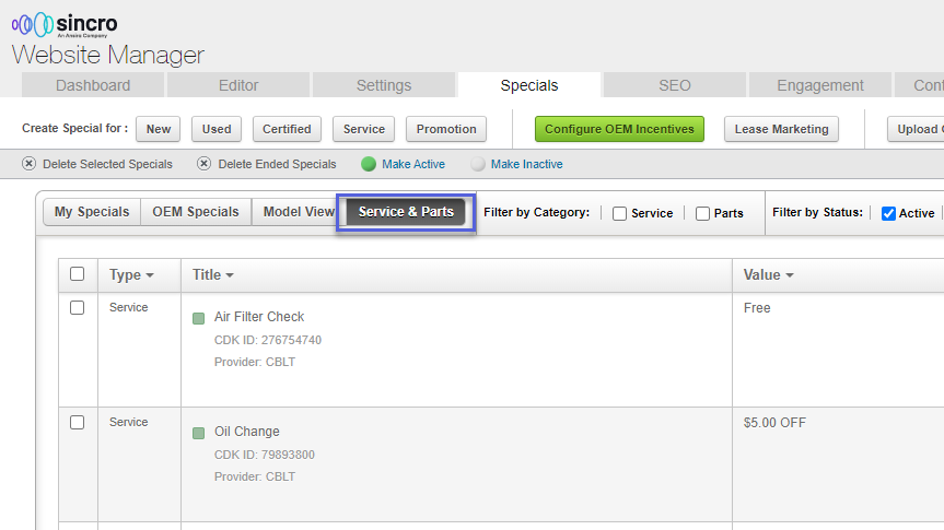 Sincro Specials tool showing a separate service and parts tab to easily make specific offers