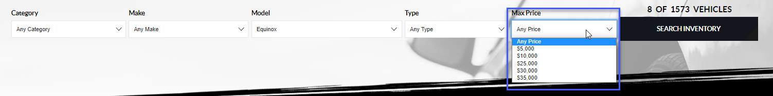 Homepage of website with inventory search filter showing Max Price drop down options