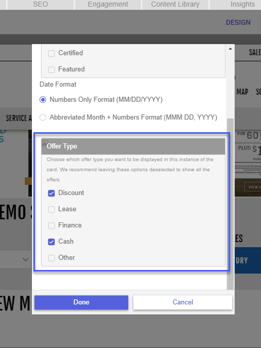 Sincro Website editor with Specials Rotator options displayed showing how to select different offer types.