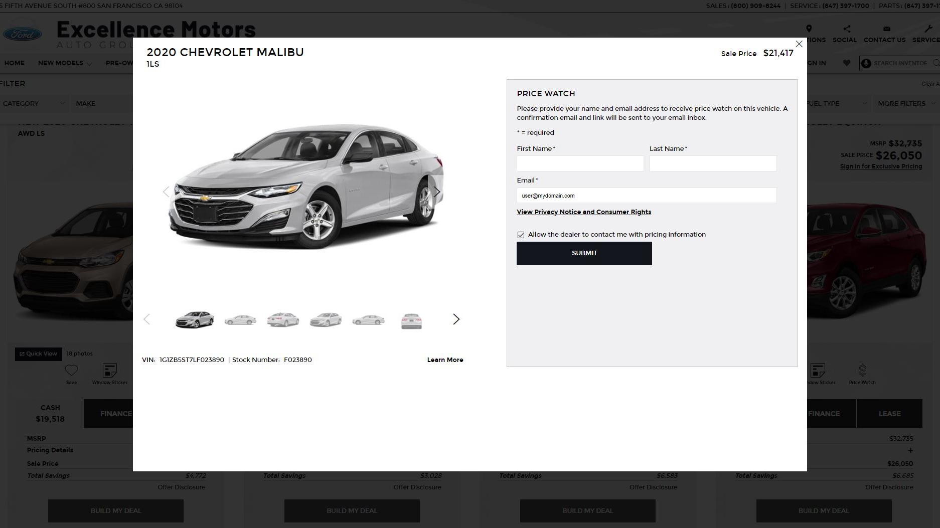 Quick view pop up on a vehicle search results page