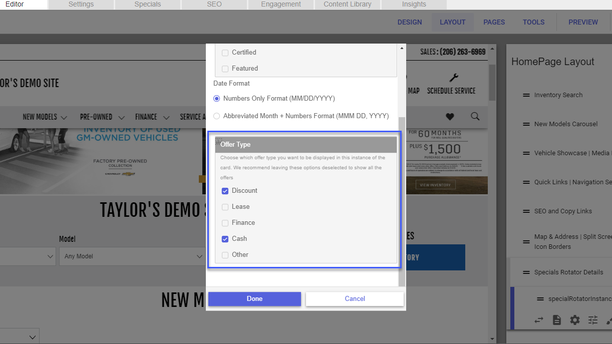 Sincro Website editor displaying the specials rotator configuration to select different offer types to display on homepage. 