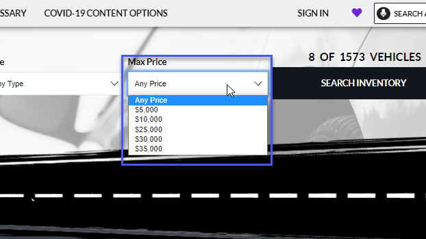 Sincro Homepage Website showing Max Price field dropdown in an inventory search bar
