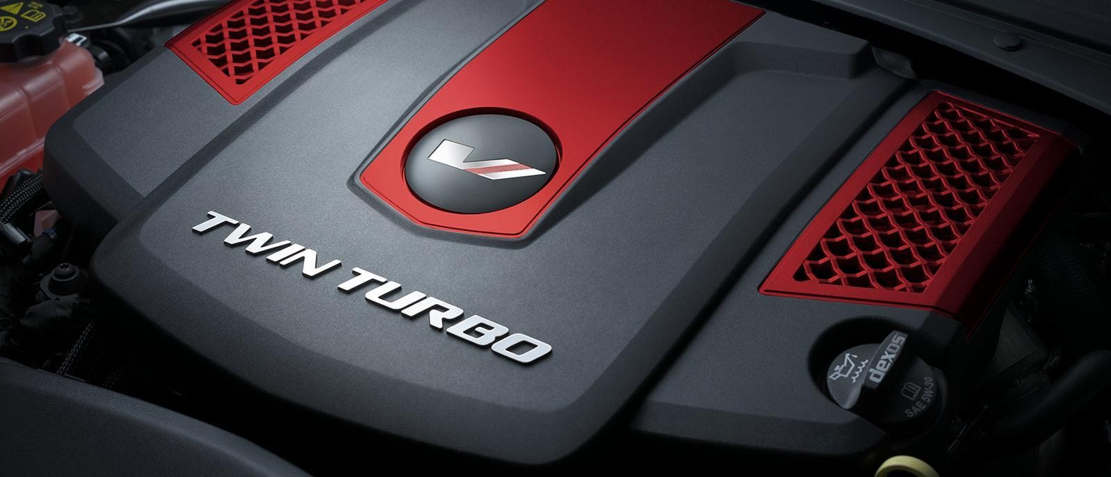Close-up of a Cadillac CTS Twin Turbo Engine.