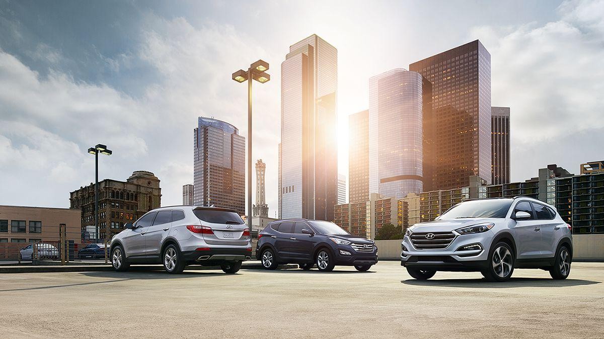 2016 Hyundai model lineup parked in a downtown parking lot.